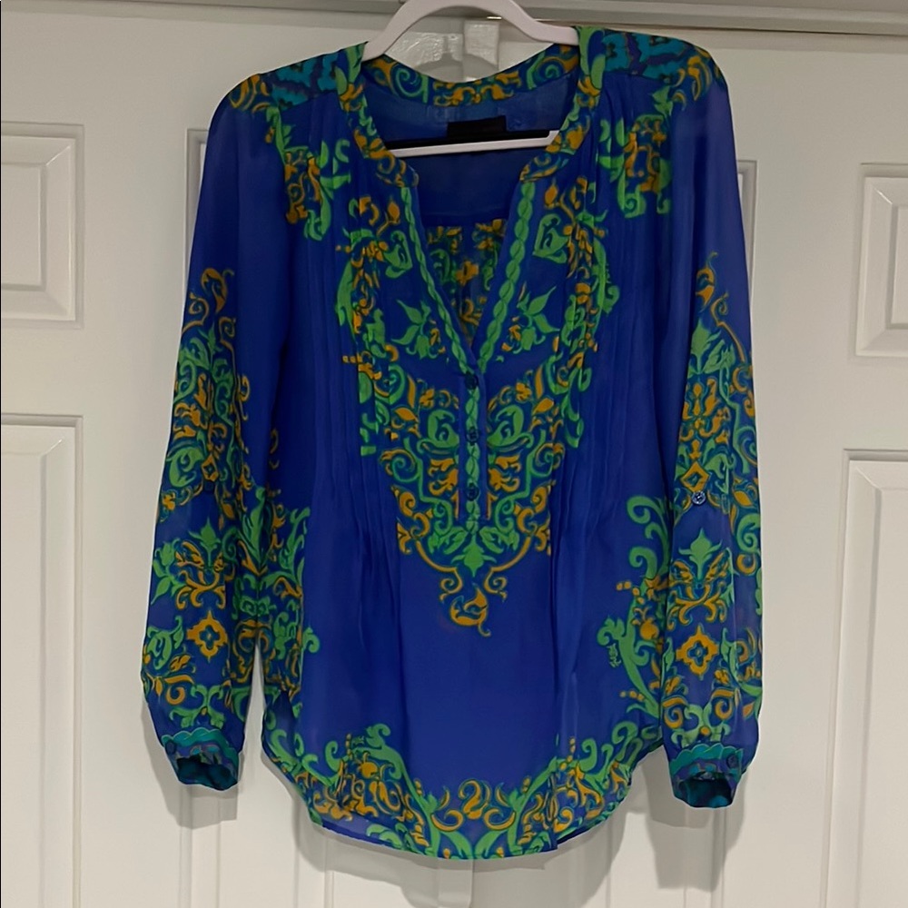 Hale Bob Graphic Blue and Green Long Sleeve Blouse